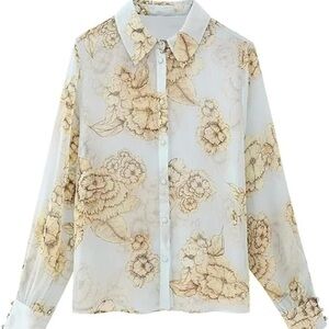 Zara Garden Print Semi Sheer Button Down Shirt